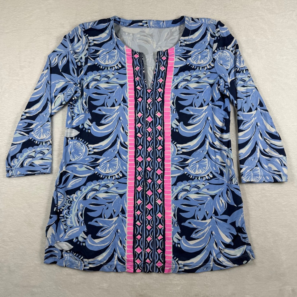 Lilly Pulitzer‎ Blue Floral UPF 50+ Meryl Nylon 3/4 Sleeve Top Style 002812 XS